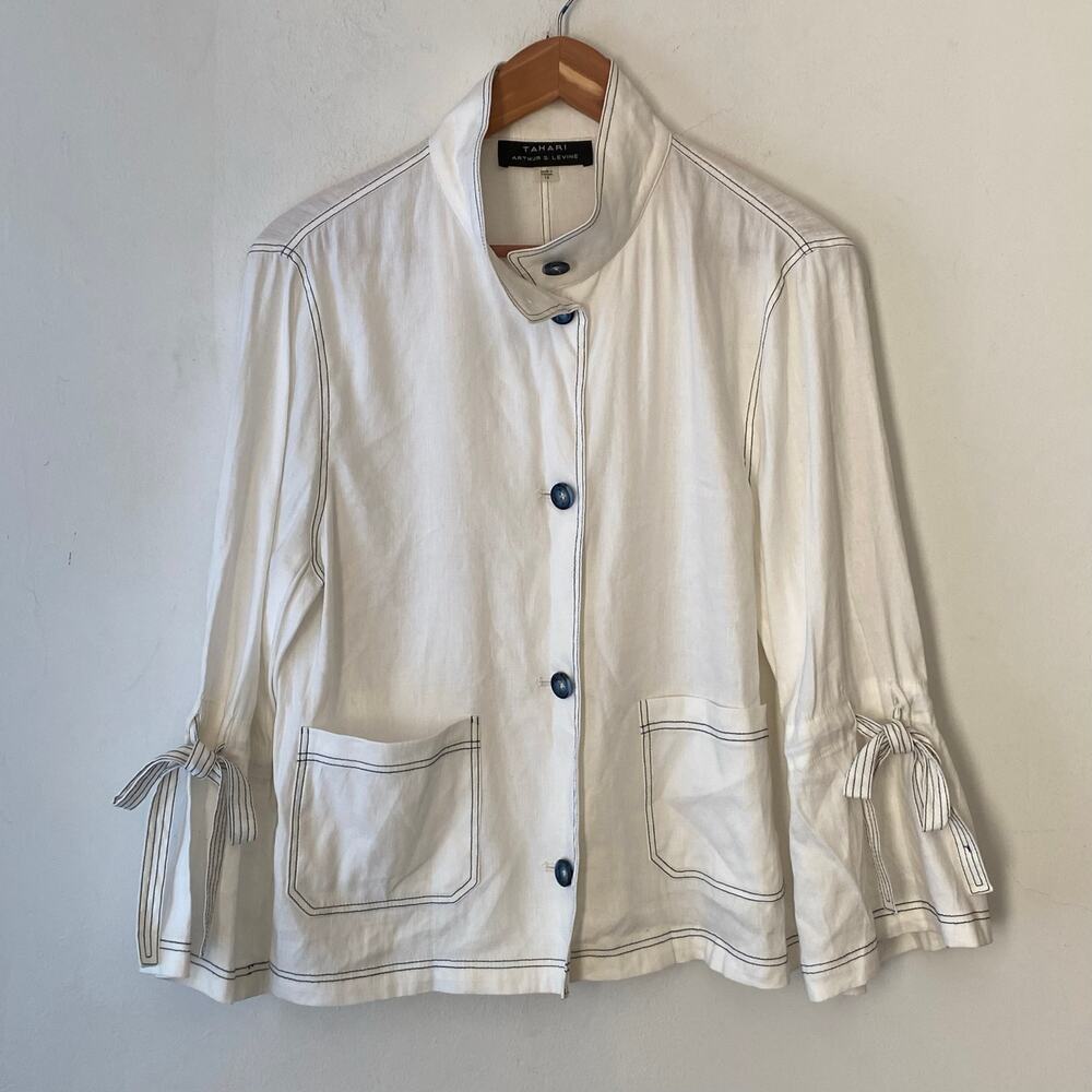 Elie Tahari Linen Blend Button Front Jacket SZ 14 Bell Sleeves Artsy‎ Lagenlook